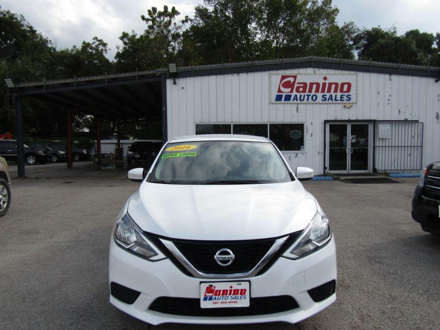 2016 WHITE NISSAN SENTRA S (3N1AB7APXGY) with an 1.8L engine, Continuously Variable transmission, located at 830 E. Canino Rd., Houston, TX, 77037, (281) 405-0440, 38.358219, -81.729942 - Photo#0