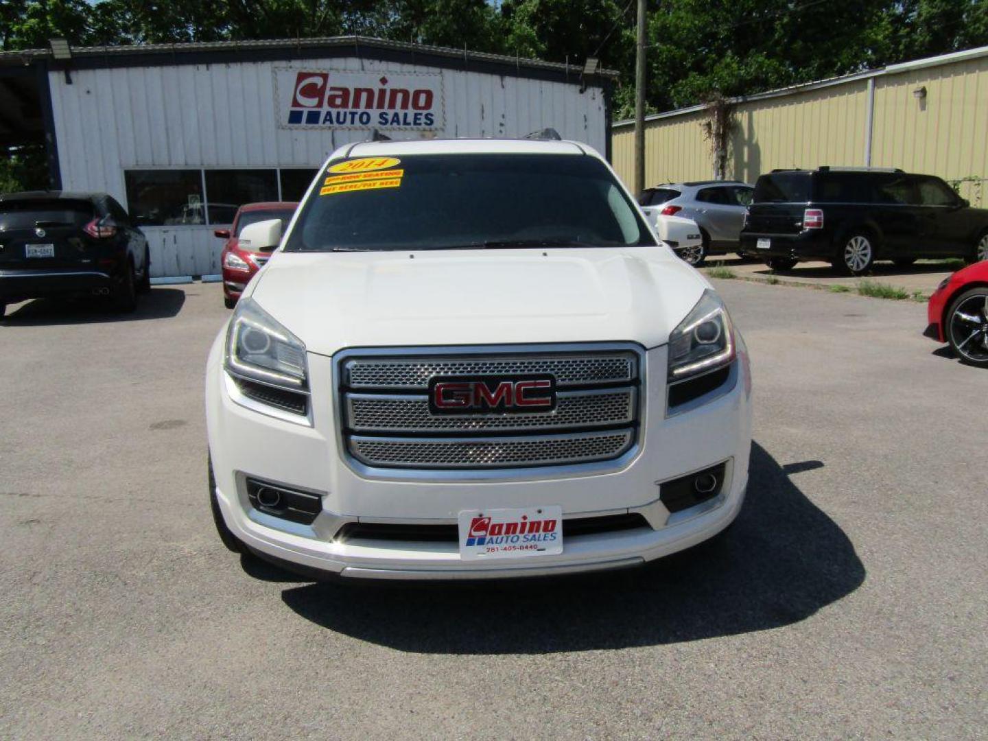 2014 WHITE GMC ACADIA DENALI DENALI (1GKKRTKD8EJ) with an 3.6L engine, Automatic transmission, located at 830 E. Canino Rd., Houston, TX, 77037, (281) 405-0440, 38.358219, -81.729942 - Photo#0